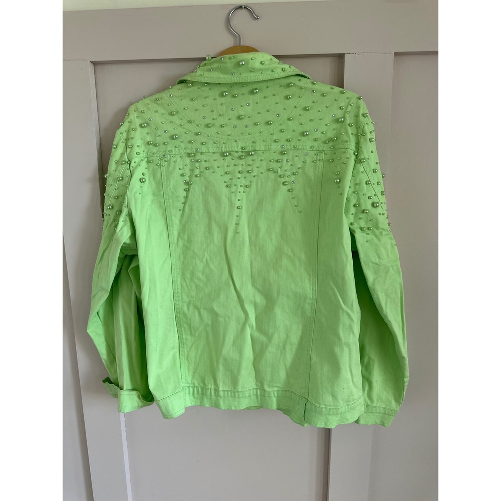 Quacker Factory Lime Green Pearl Rhinestone Denim Jacket Womens Large Neon lime - Picture 2 of 8